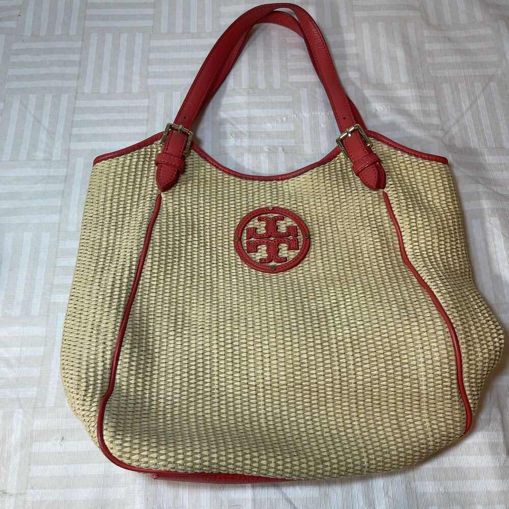 Tory Burch Pink Raffia Basket Weave Tote Straw Handbag